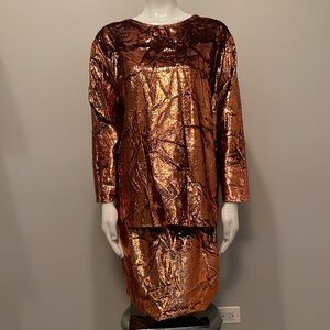 Vintage 90s Wear in Good Health Chicago Copper Metallic Tunic Top Skirt Set M